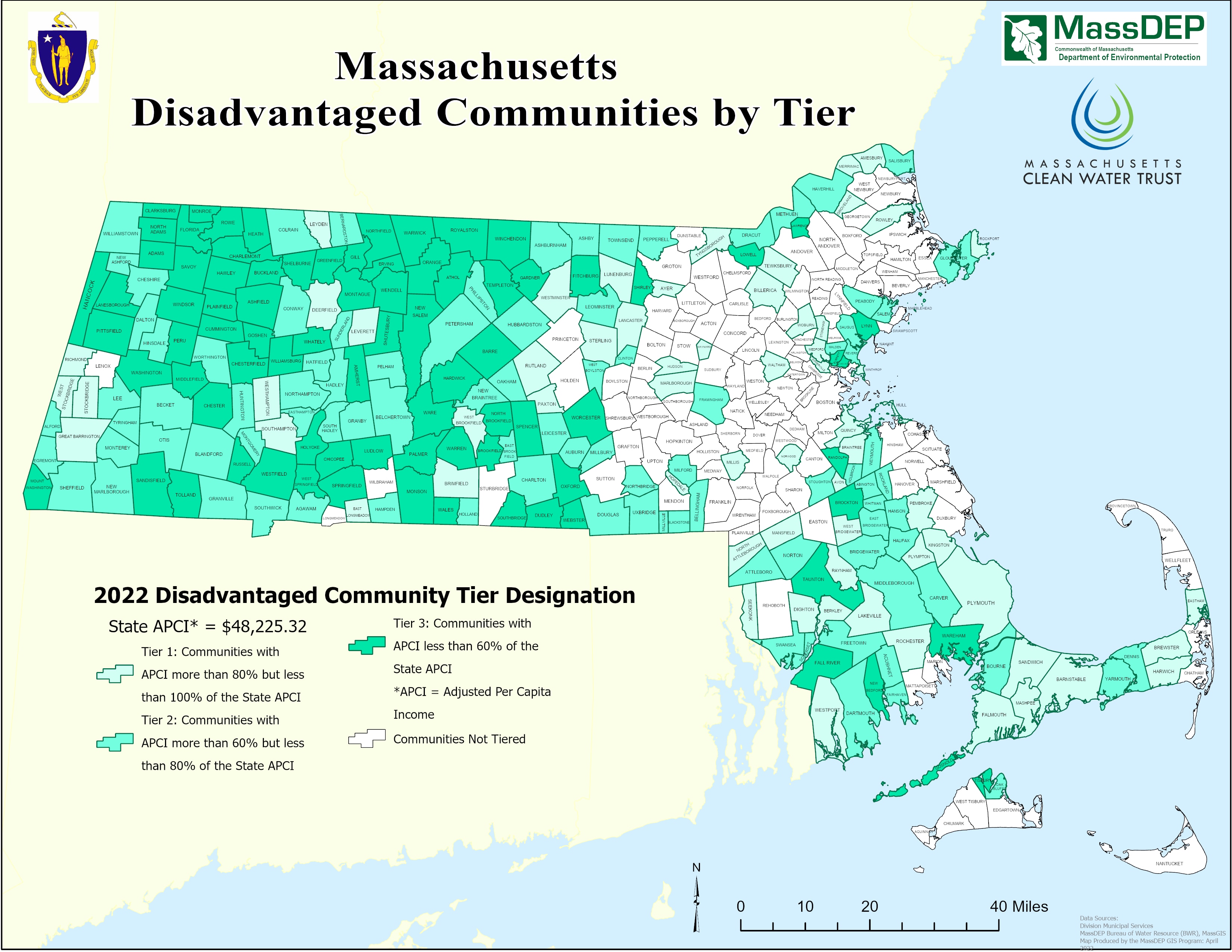 Map of Massachusetts Communities by disadvantaged community tier