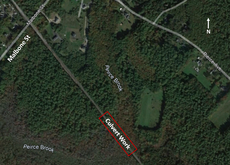 Overhead view of culvert work in railroad right-of-way, south of Malbone Street in Lakeville.