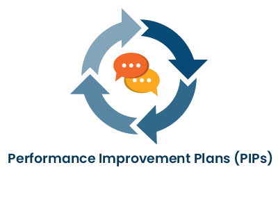 vector graphic of four arrows forming a circle. inside are two speech bubbles overlapping. Underneath is the text Performance Improvement Plans
