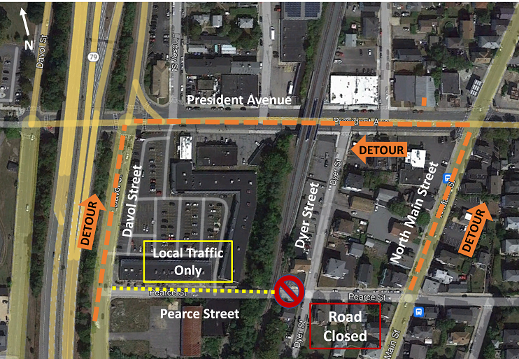 Overhead view Pearce Street project site in Fall River with detour arrows and local roadways.