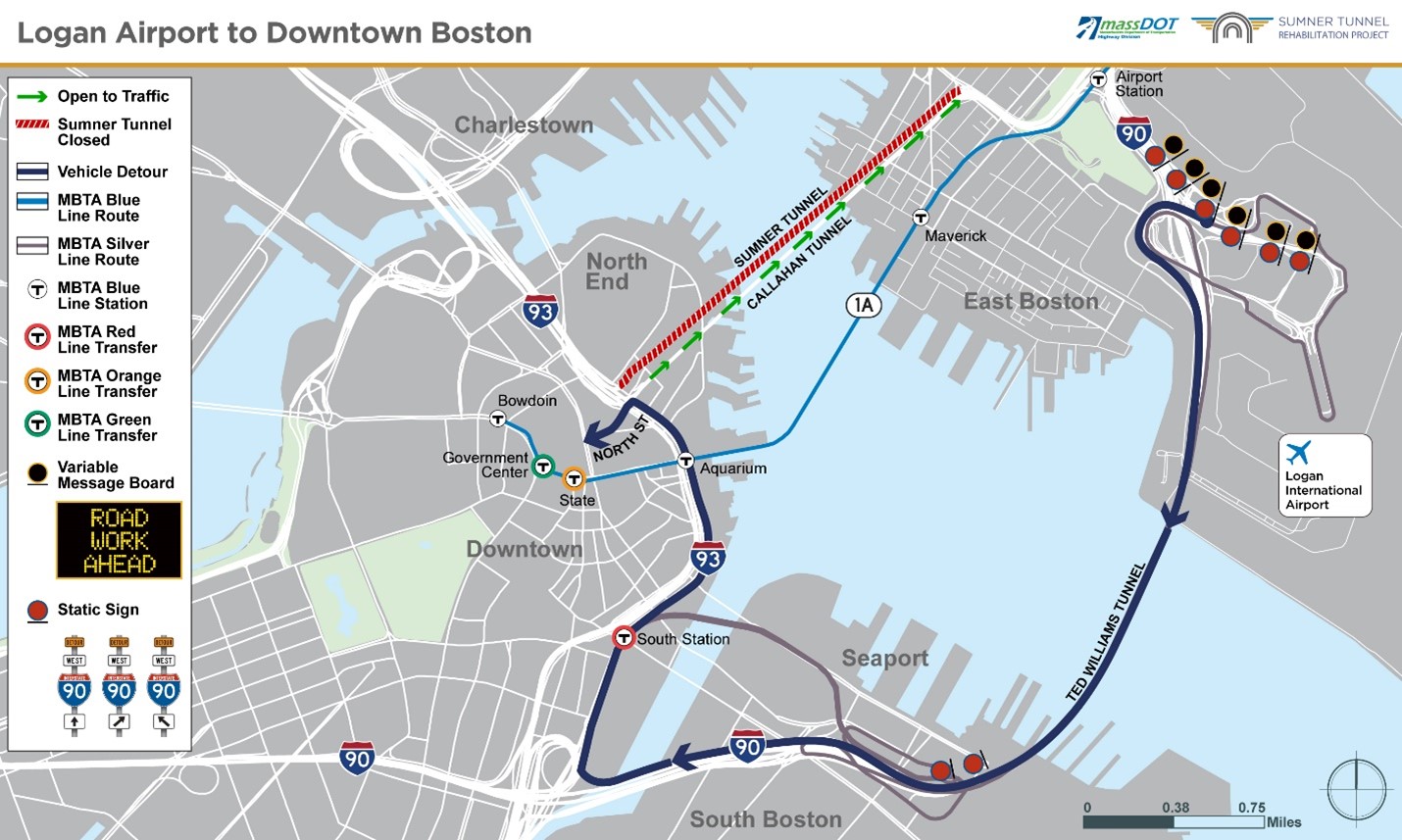 Detour map, Logan Airport to Downtown Boston, with drivers reaching Downtown Boston via the Ted Williams Tunnel and I-93.