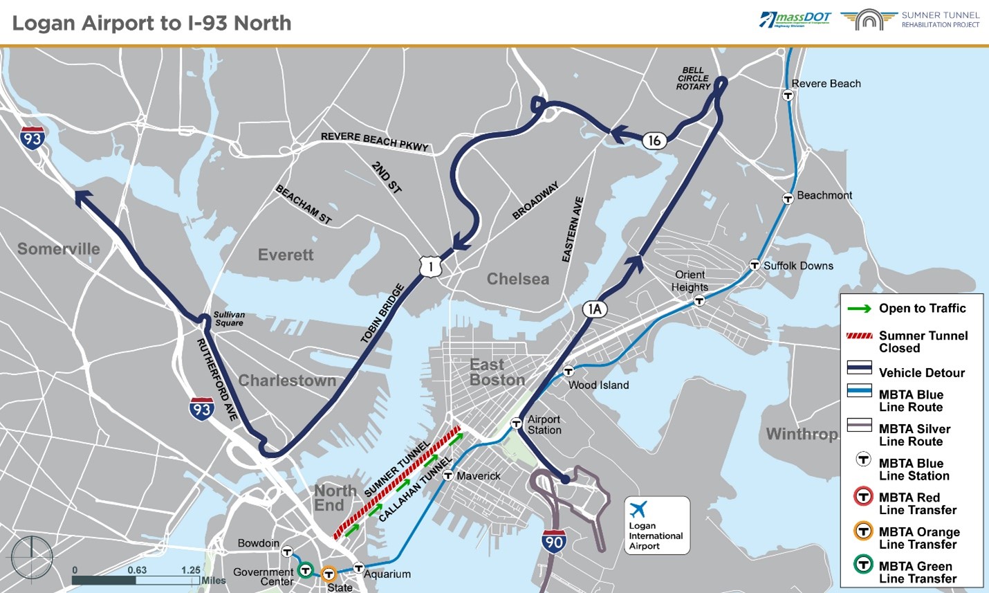 Detour map, Logan Airport to I-93 North, with drivers being rerouted through Chelsea and the Tobin Bridge.