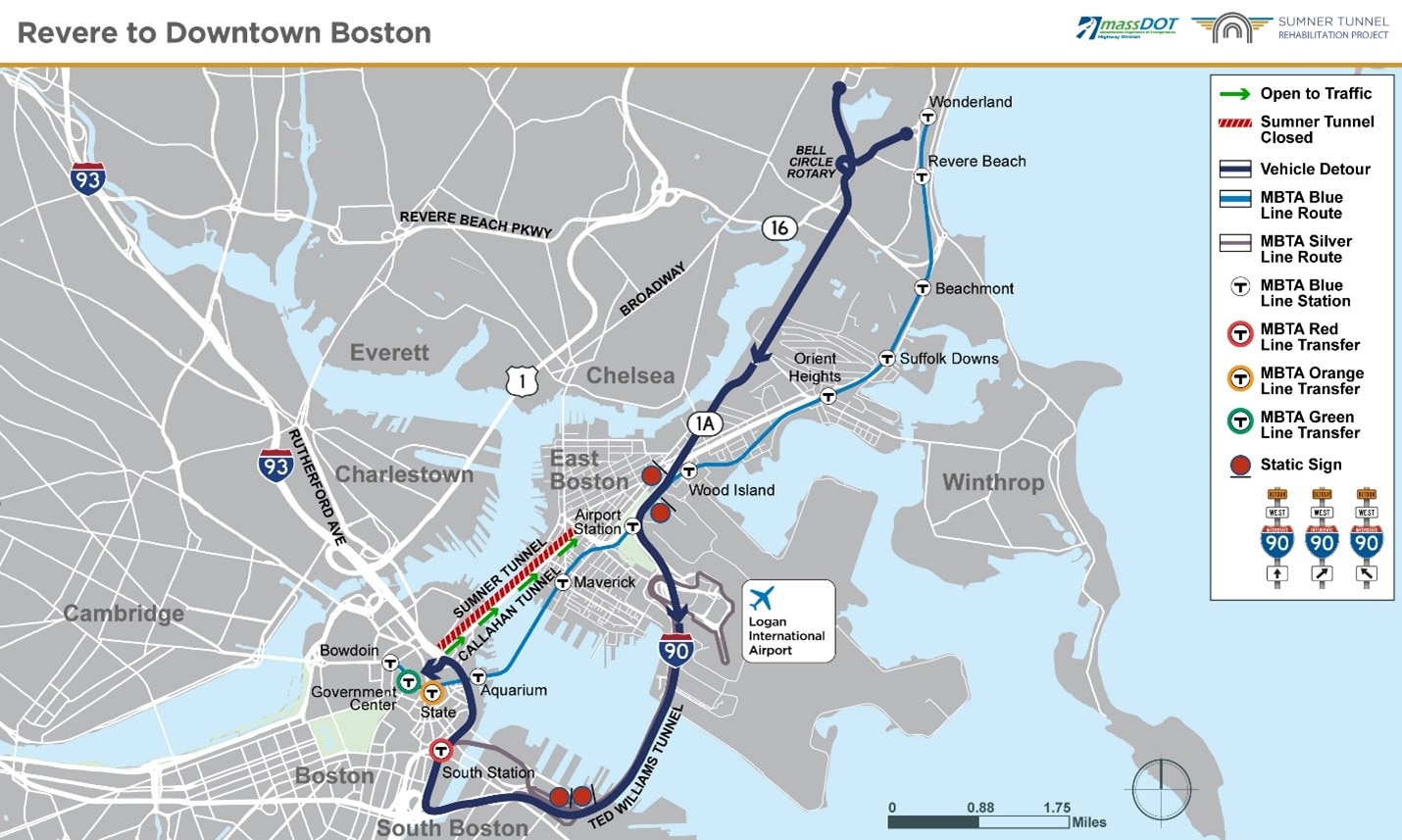 Detour map, Revere to Downtown Boston, with drivers being rerouted via the Ted Williams Tunnel.
