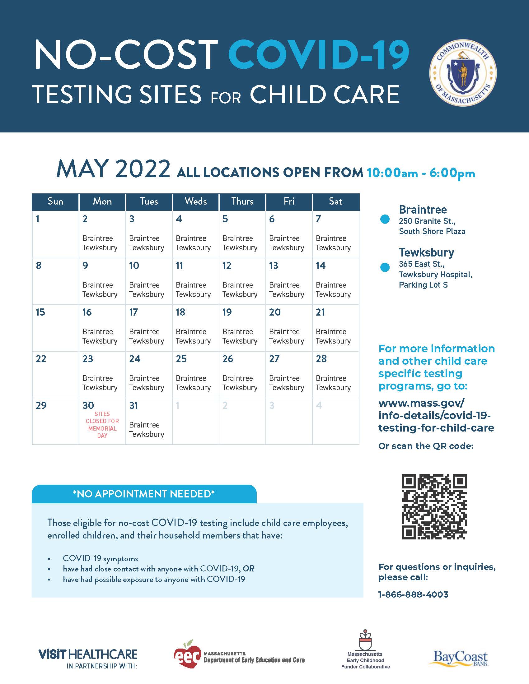 Schedule with Massachusetts Covid-19 testing locations