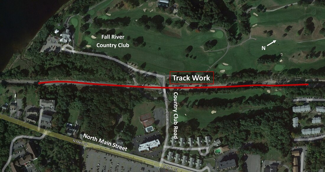 Overhead view of track work in railroad right-of-way near the Fall River Country Club in Fall River
