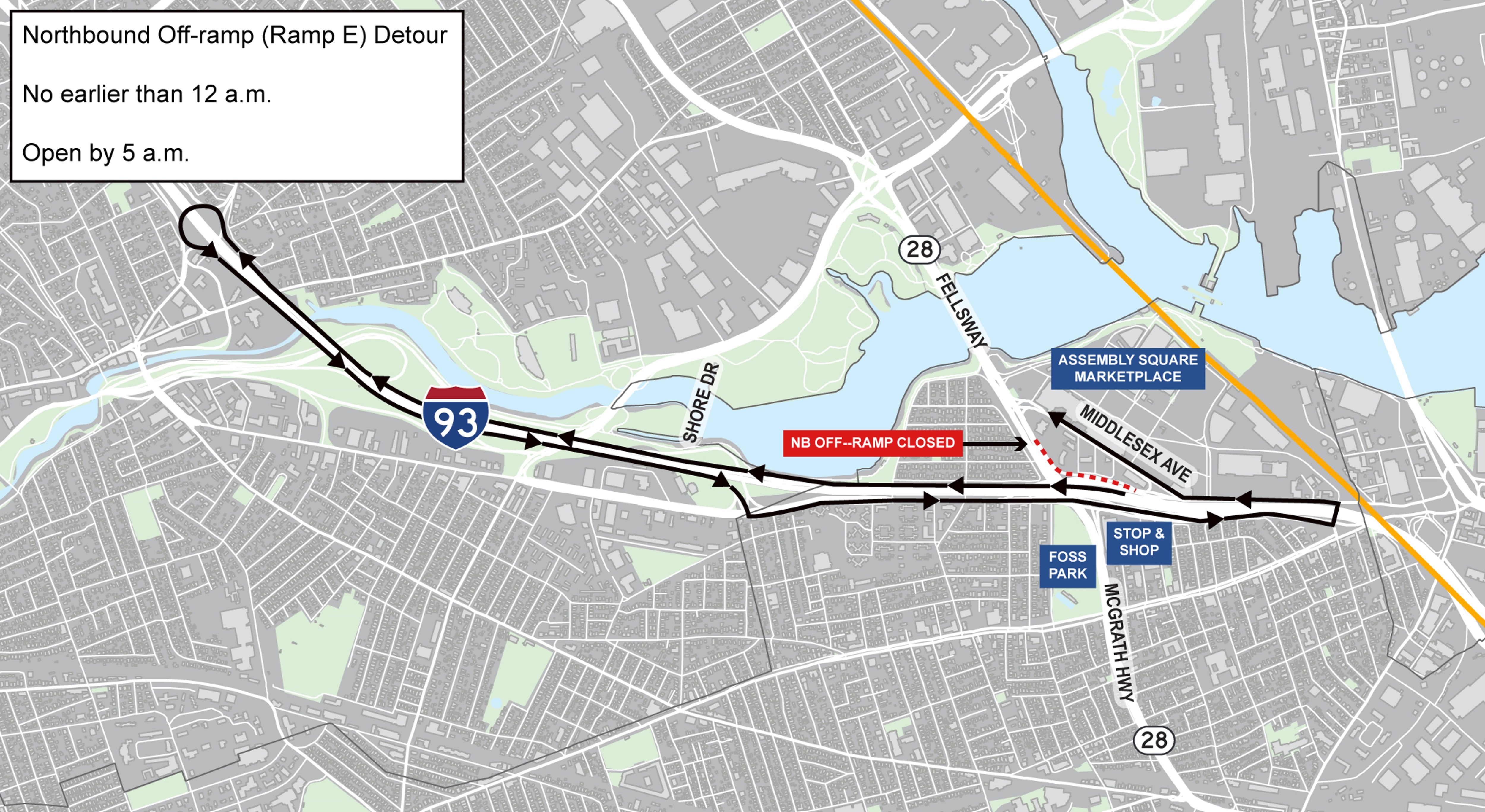 An aerial graphic showing the project location. The detour is depicted by an arrow going up I-93, doing a U-turn at the traffic circle, taking a left onto Middlesex Avenue, and then a right onto Route 28. The key says, “No earlier than 12 a.m. and open by 5 a.m.” Above the detour is a call out for the Assembly Square Marketplace, below is one for Foss Park, and to the right is one for Stop & Shop.