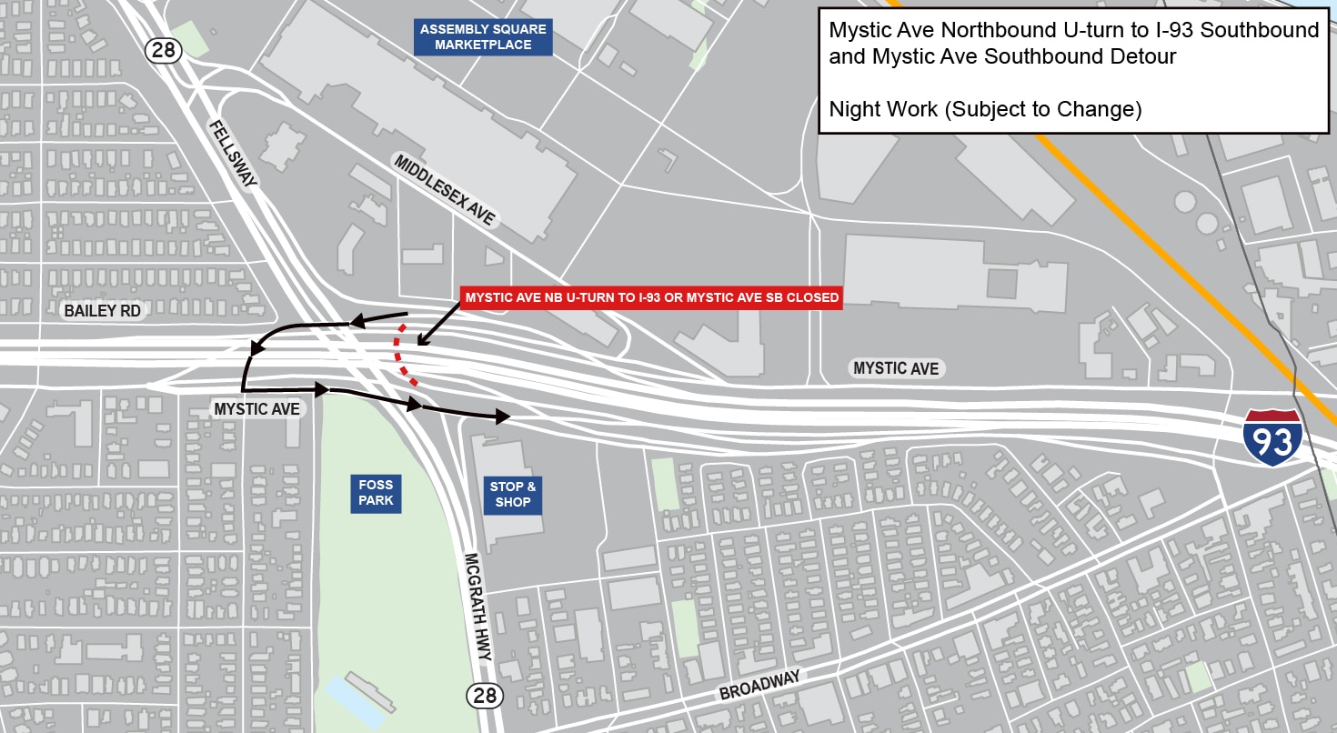 An aerial graphic showing the project location. The detour is depicted by an arrow going up Mystic Avenue, across I-93, and back onto Mystic Avenue. The key says “Nightwork subject to change.” Above the detour is a call out for the Assembly Square Marketplace, below is one for Foss Park, and to the right is one for Stop & Shop.