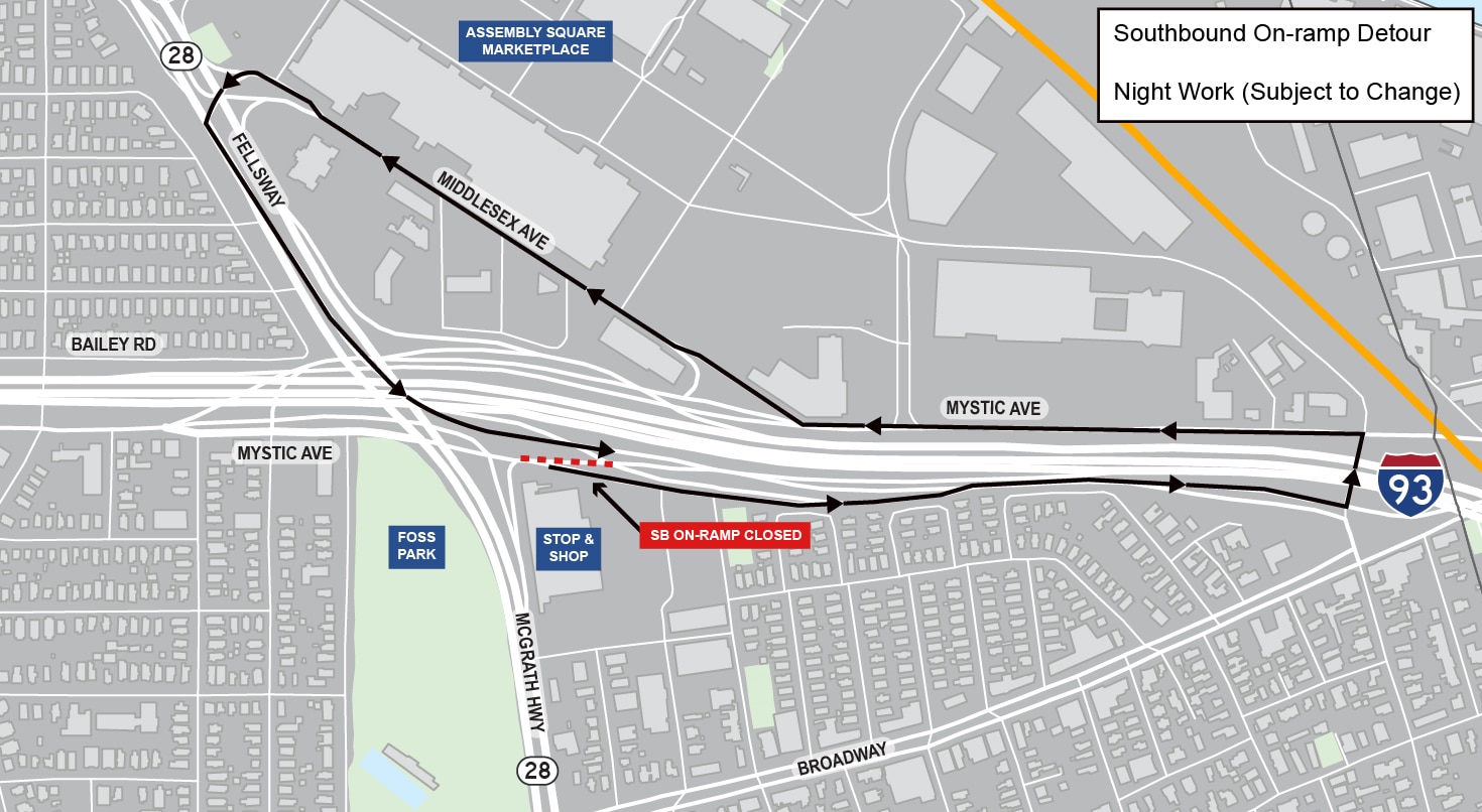 An aerial graphic showing the project location. The detour is depicted by an arrow going down Route 28 and onto I-93. The key says, “Nightwork subject to change” Above the detour is a call out for the Assembly Square Marketplace, below is one for Foss Park, and to the right is one for Stop & Shop.