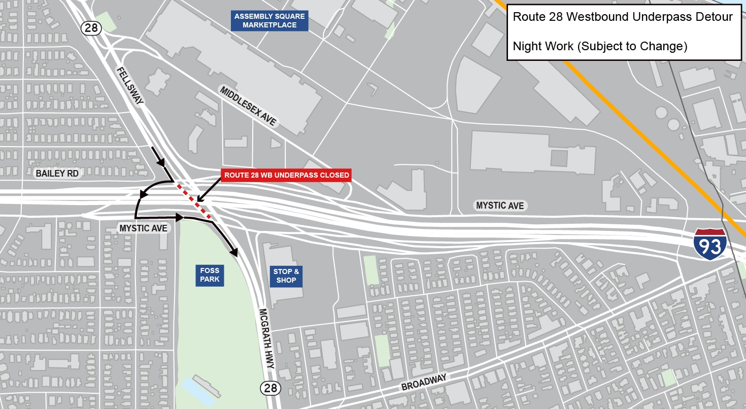 An aerial graphic showing the project location. The detour is depicted by an arrow going up Mystic Avenue, taking a left on the Fellsway, and then taking a right back onto Mystic Avenue. The key says “nightwork subject to change”.