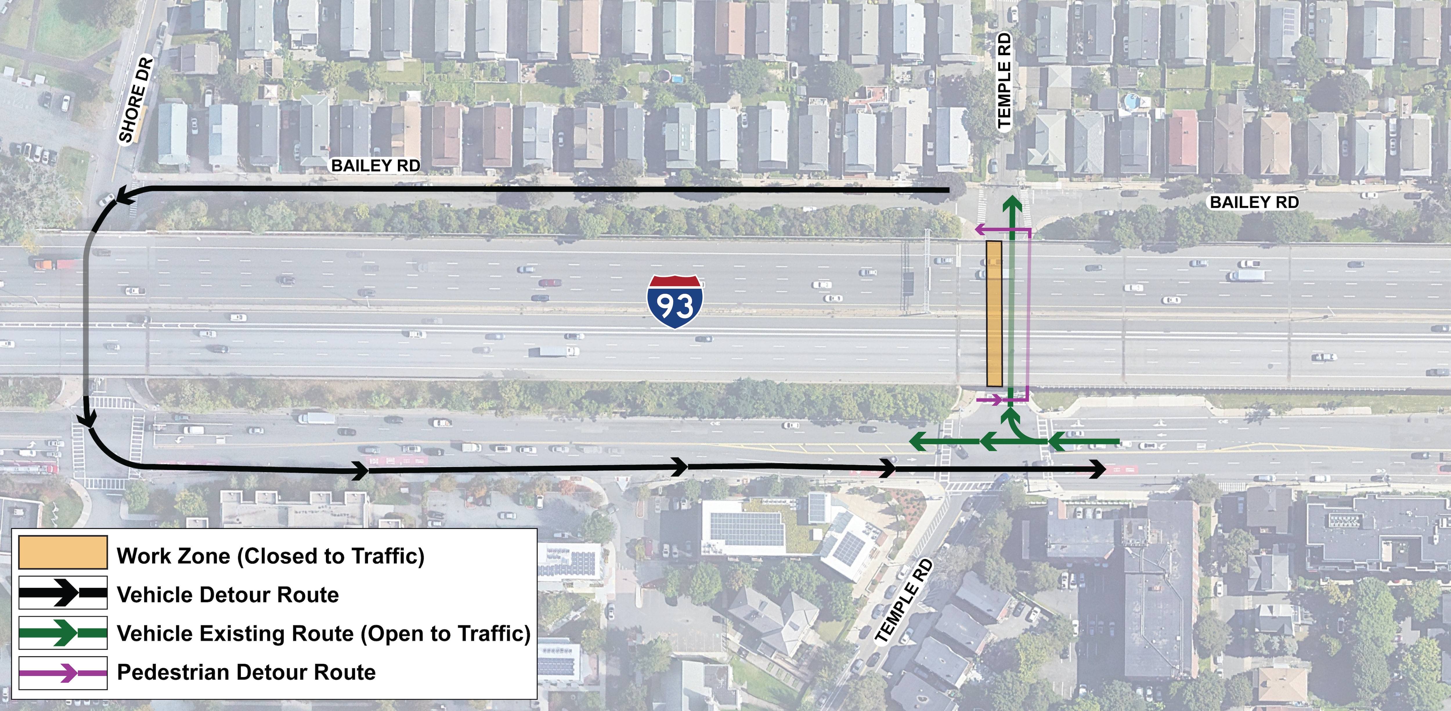 An aerial graphic showing the project location. The detour is depicted by an arrow going up Bailey Road, onto Shore Drive, and onto Mystic Avenue. The key reads, “work zone (closed to traffic), vehicle detour route, vehicle existing route (open to traffic), and pedestrian detour route.