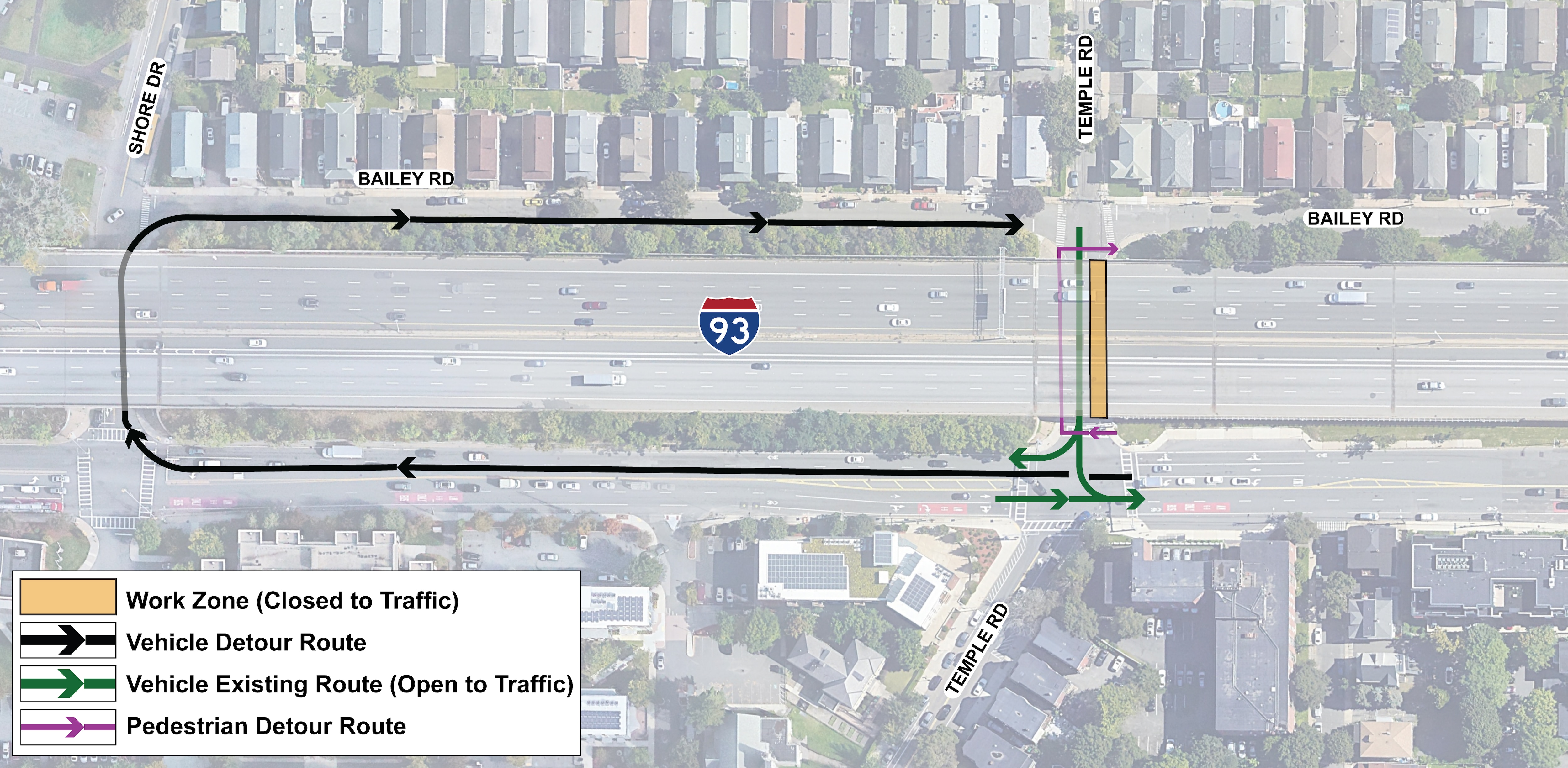  An aerial graphic showing the project location. The detour is depicted by an arrow going up Mystic Avenue, onto Shore Drive, and onto Bailey Road. The key reads, “work zone (closed to traffic), vehicle detour route, vehicle existing route (open to traffic), and pedestrian detour route.”