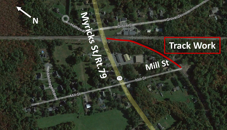 Overhead view of excavation and ballast work site in railroad right-of-way between Myricks Street and Mill Street in Berkley.