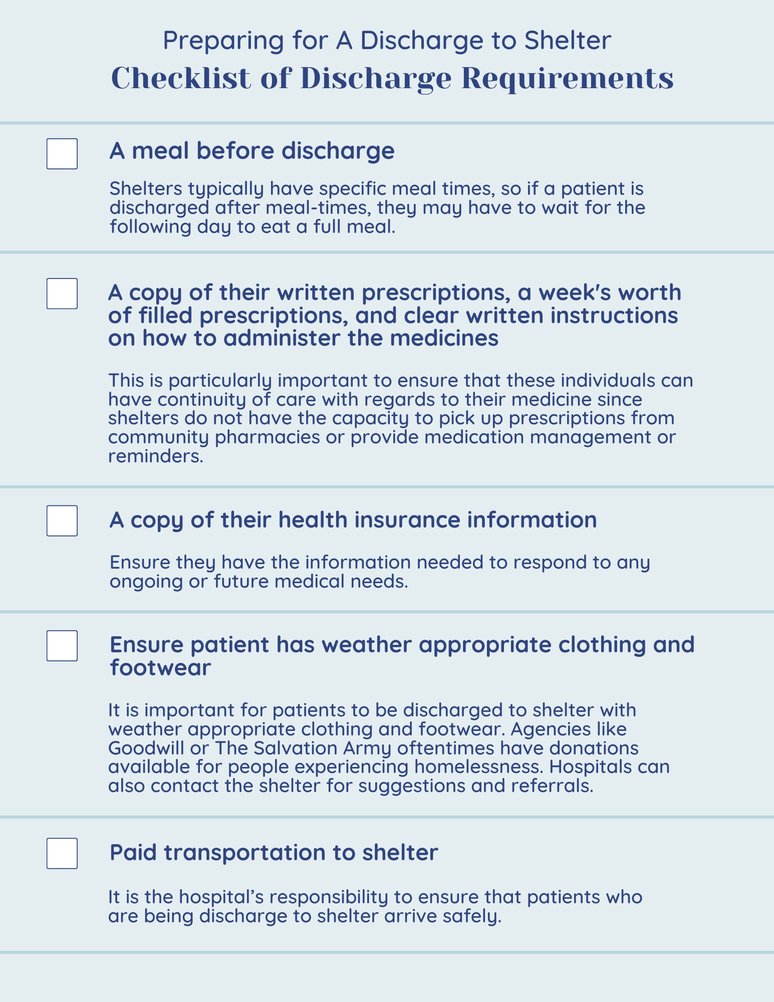 Discharge to Shelter Checklist