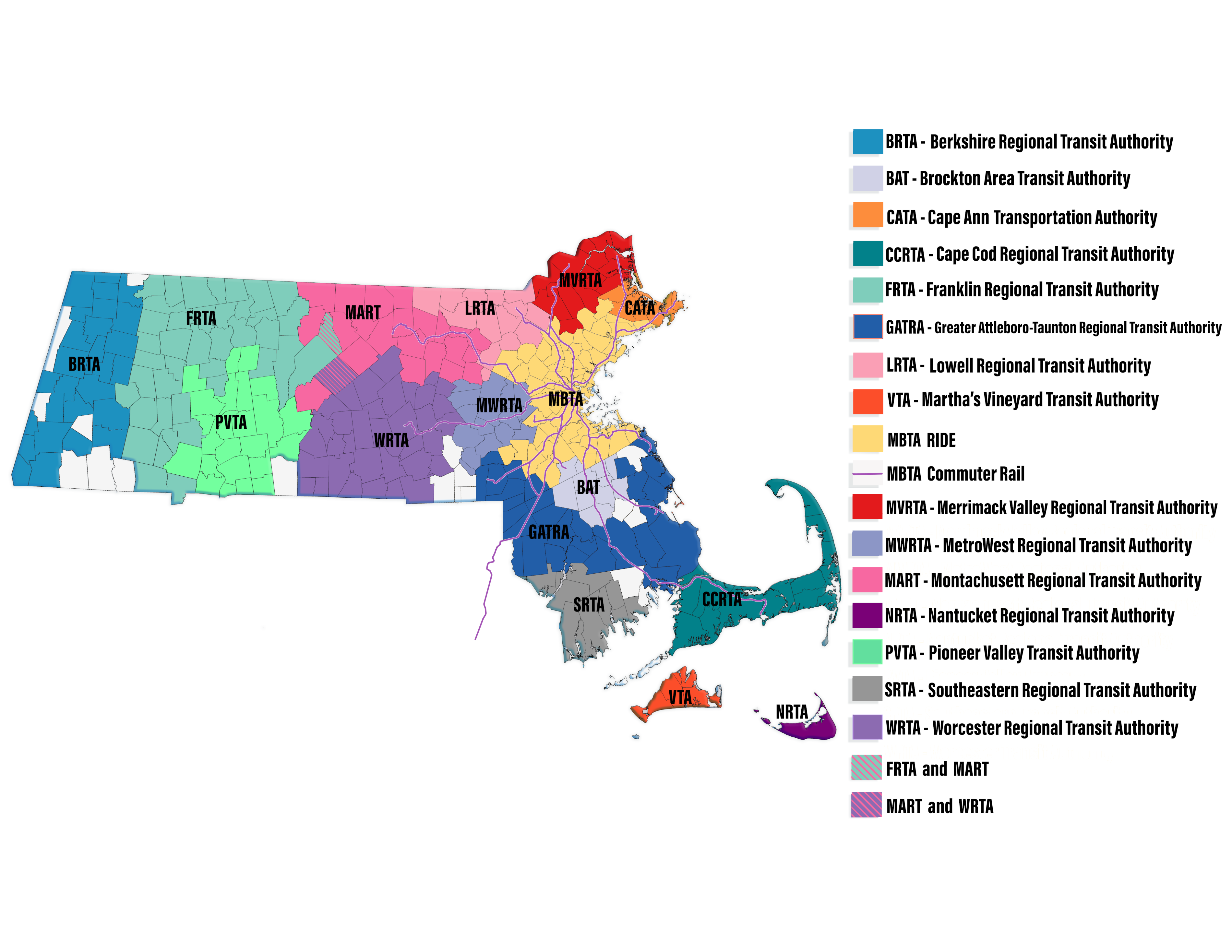 Map of transit authorities in MA. Scroll down for a list of transit authorities and their member municipalities.