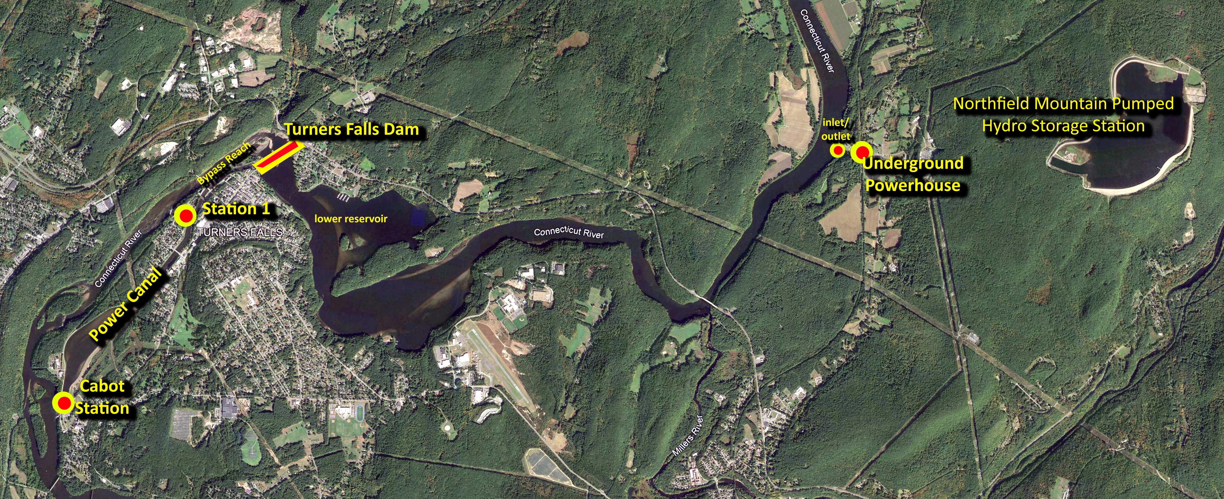 Aerial view of the Turners Falls area with key features of the FirstLight relicensing project highlighted