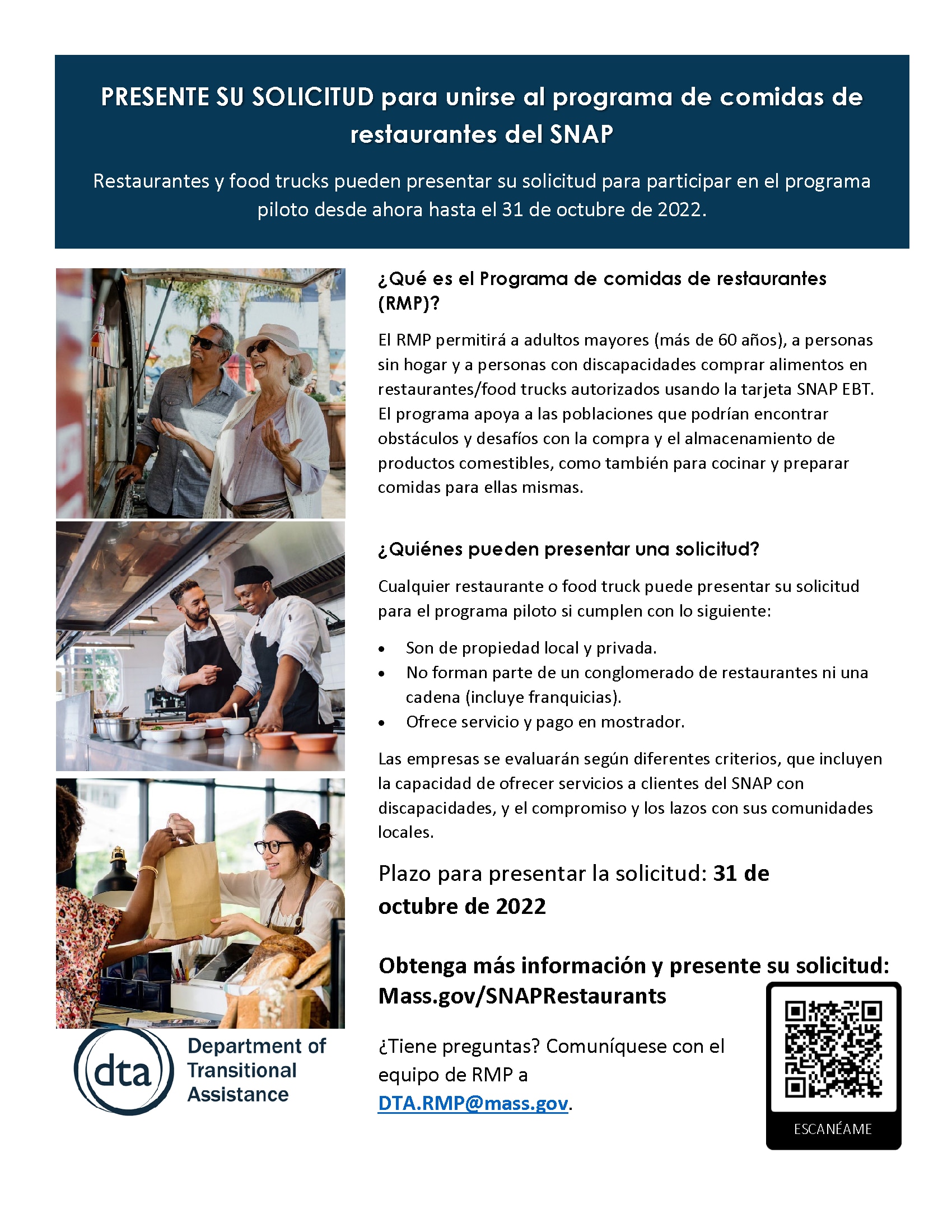 SNAP Restaurant Meals Program (RMP) Flyer for Vendors - Spanish