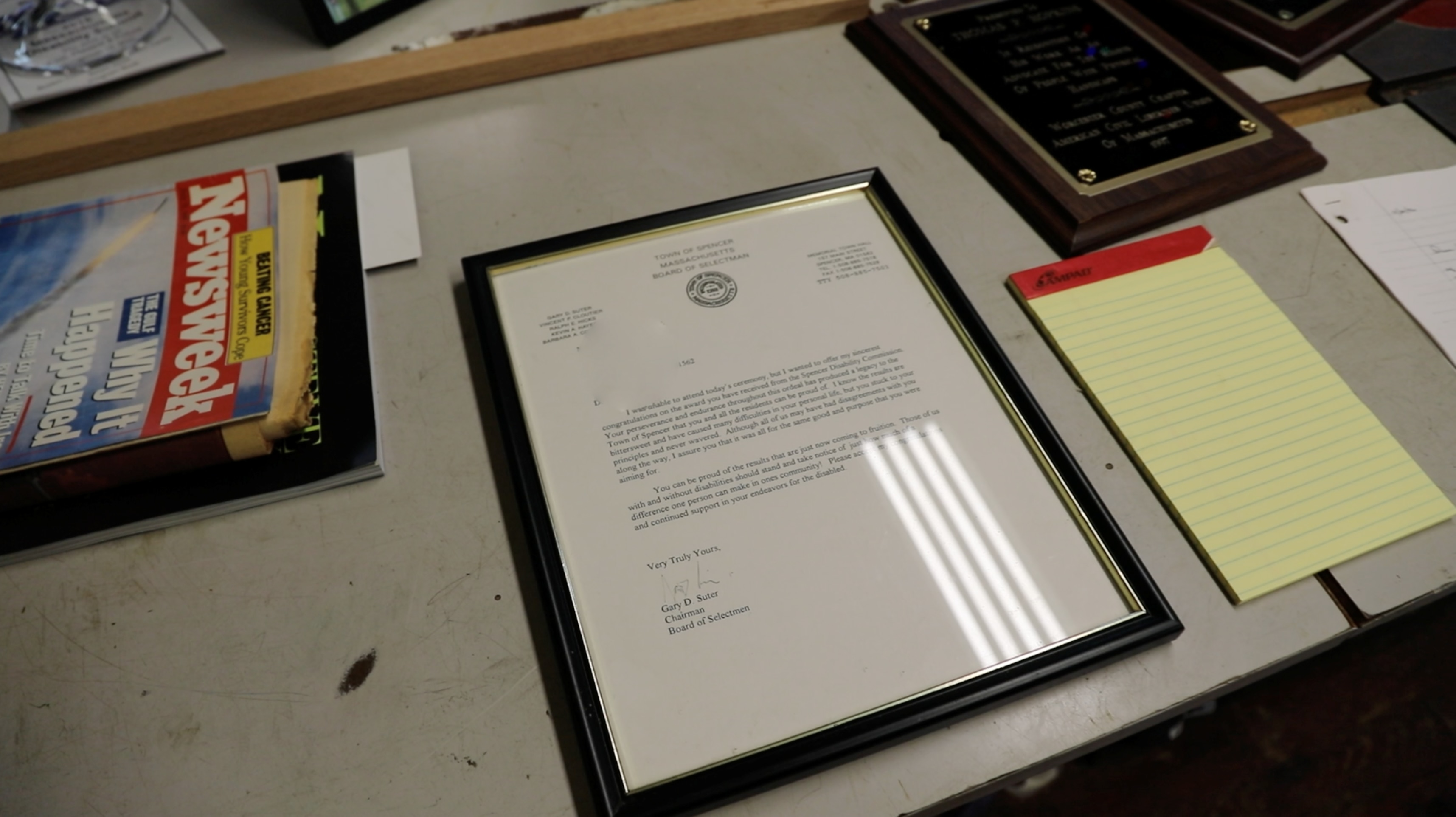 A letter of congratulations to Tom for an award he received. The letter is signed by Gary Suter, Chairman of the Board of Selectman