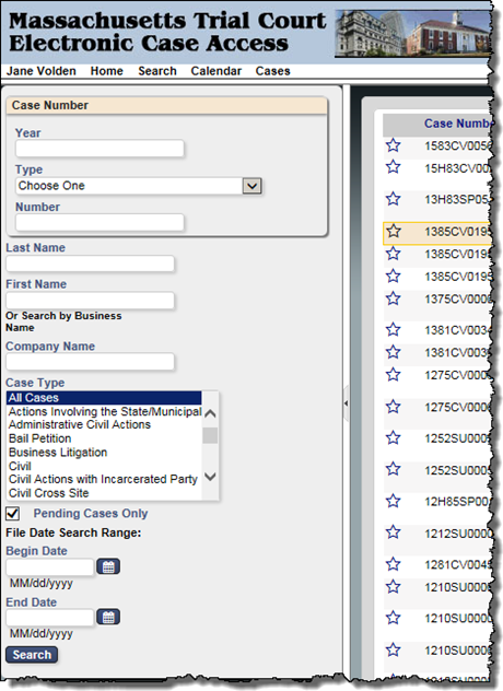 Figure 4. Attorney Portal Cases - Search Options Appear on the Left