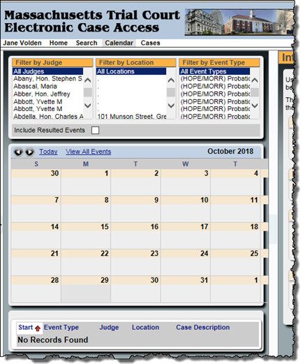 Figure 7. Attorney Portal Calendar (Left Side of the Calendar Screen)