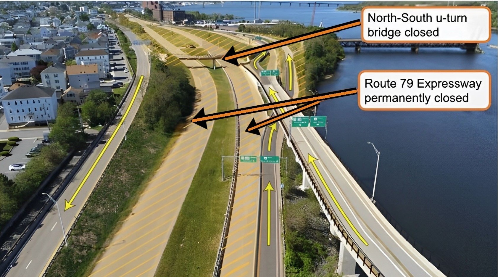 Looking south at Veterans' Memorial Bridge from overhead with detour routes marked off. Detours are not concurrent and subsequent notice will be given prior to implementation of individual detours.