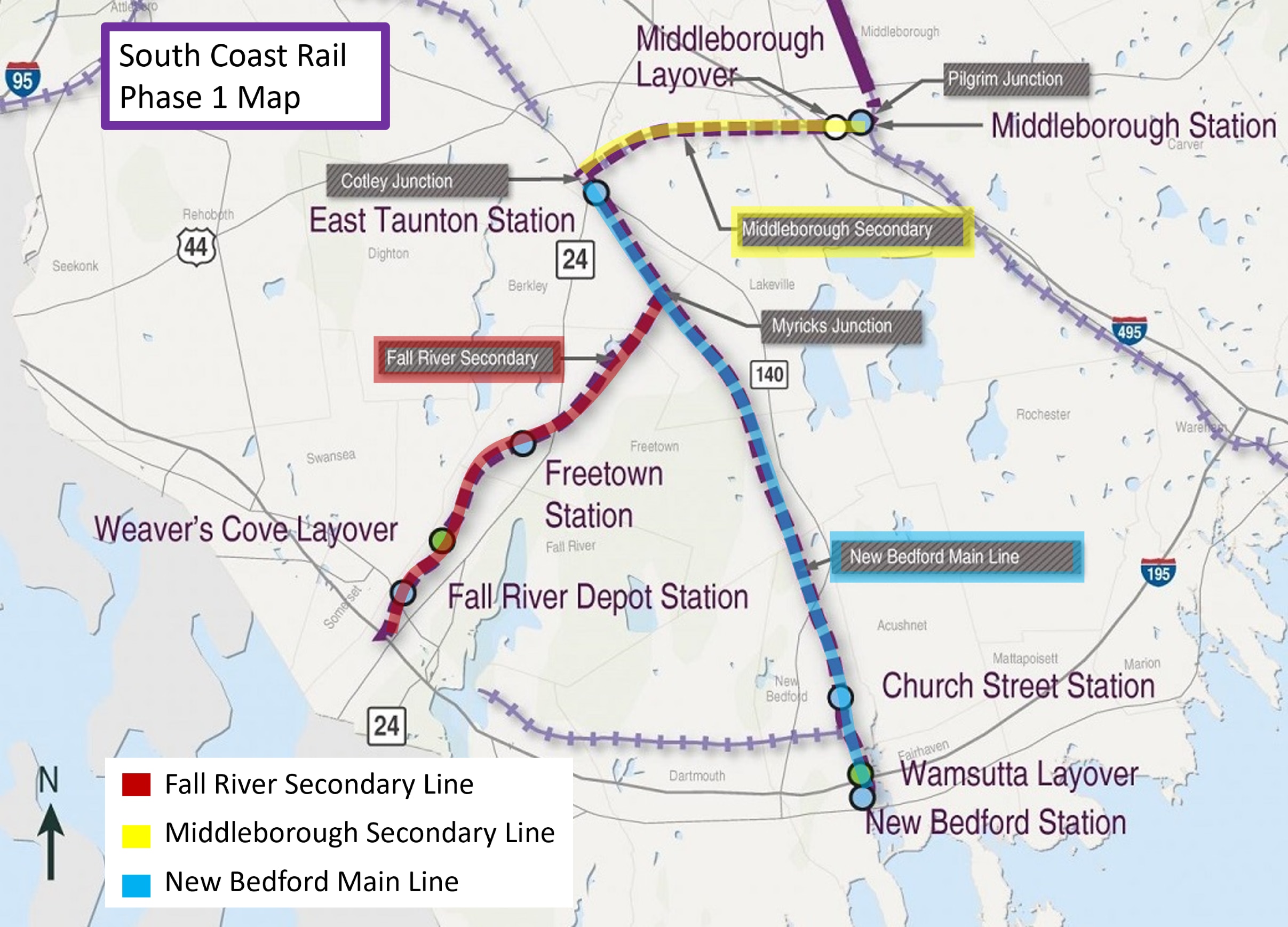 Map of project site. Installations and testing for the railroad signal system for the entire South Coast Rail Phase 1 is ongoing along the railroad right-of-way and at railroad crossings. 