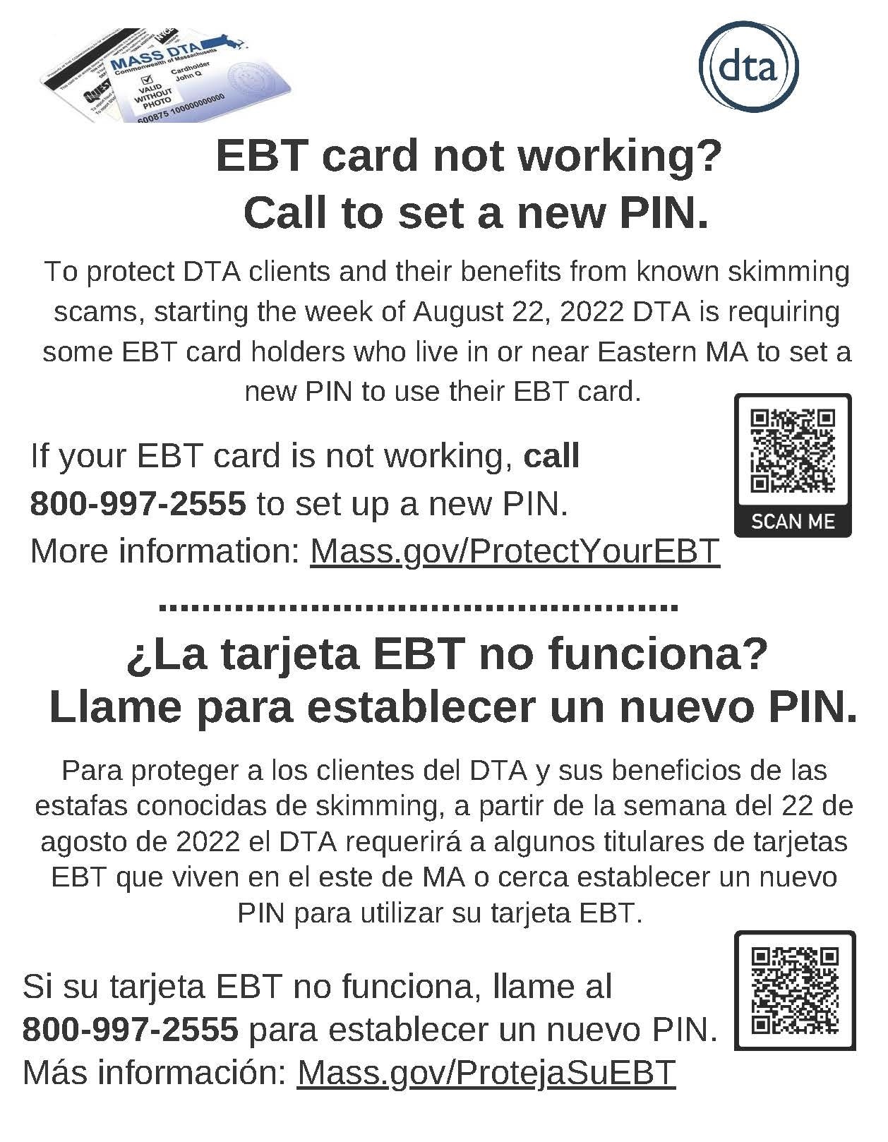 Retailer flyer - EBT card not working? Call to set a new PIN.
