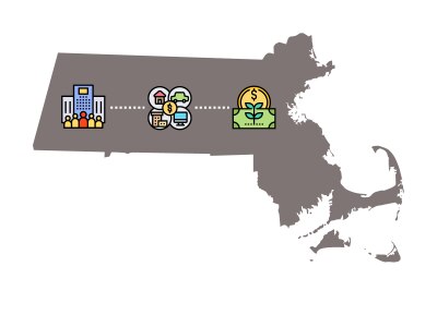 A map of Massachusetts with financial imagery