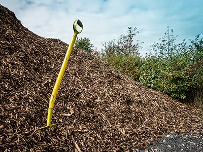 Mulch pile with shovel in it. 