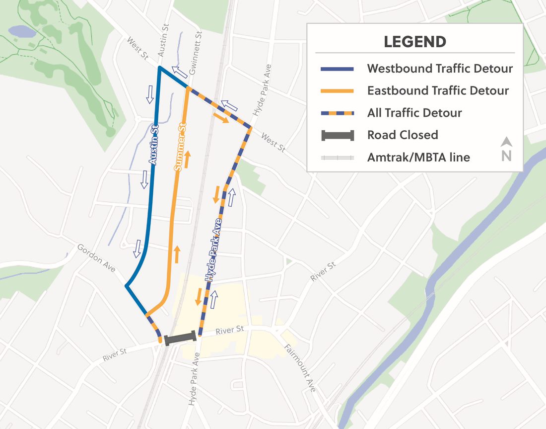 Detour map for the River Street Bridge closure, showing westbound, eastbound and all traffic routes. 