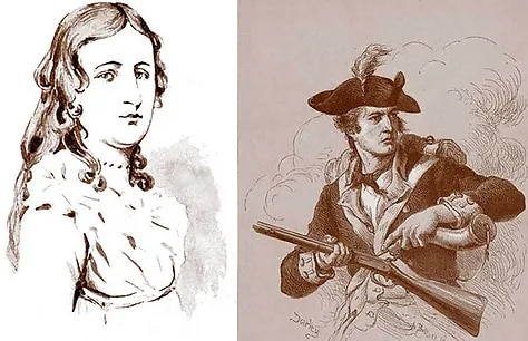 Photo of Deborah Sampson as female next to a photo of her dressed as a male military soldier. 