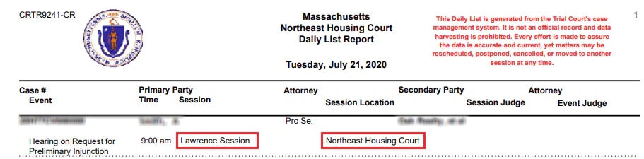 Northeast Housing Court daily list screenshot