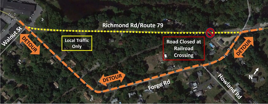 Overhead view of project site showing the detour route along Forge Road. Richmond Road between Walnut Street and Forge Road in Assonet will be closed during daytime hours. 
