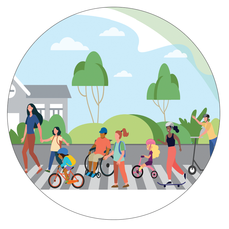 illustration of a spring scene of children using crosswalk while applying different modes to get to school: skateboard, scooter, bicycle, roller blades, walking, and wheelchair