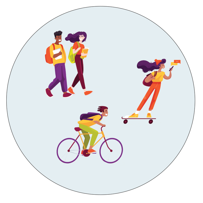 cartoon of figures wearing school backpacks while walking, riding a bicycle and riding a skate board