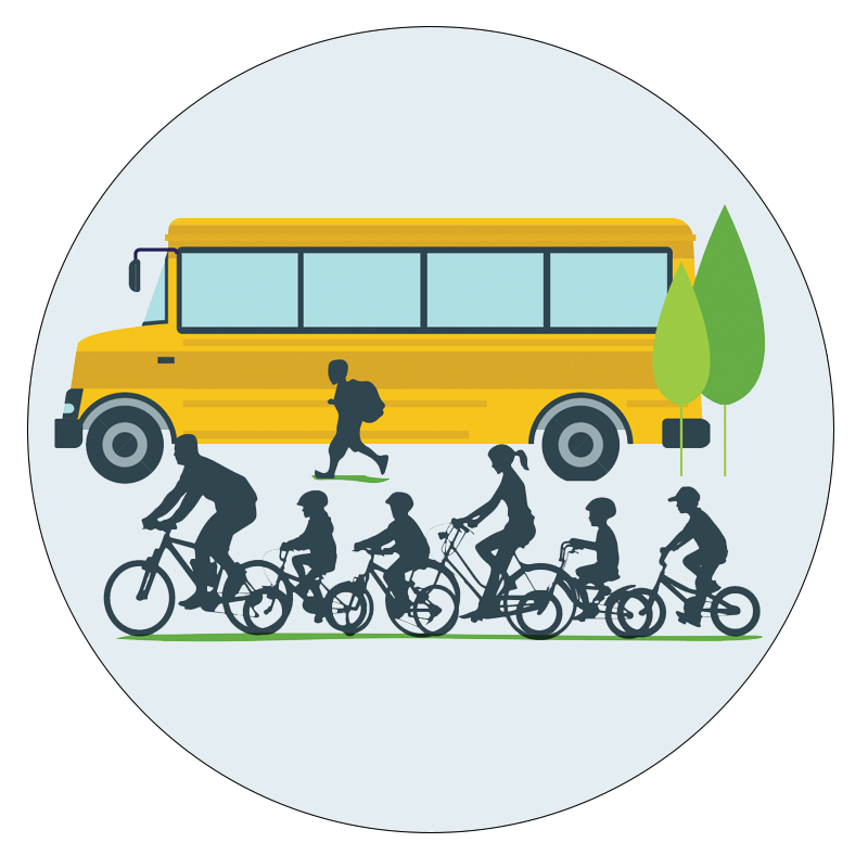 school bus with silhouettes of a students riding bicycles in a bike train