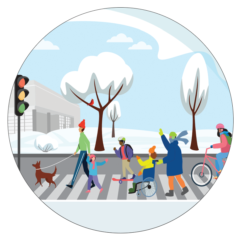 illustration of a winter scene of children using crosswalk while applying different modes to get to school: skateboard, bicycle, walking, and wheelchair