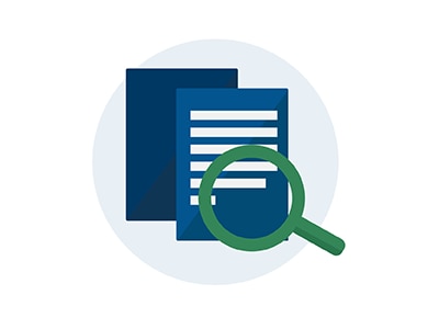 Icon features magnifying glass on two documents with bars representing research.