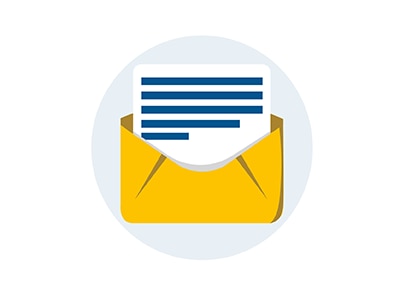 Icon features a document representing email partially inserted in a yellow envelope.