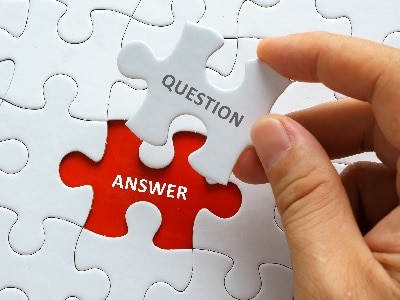 A puzzle piece labeled "Question" being placed in an empty space labeled "Answer"