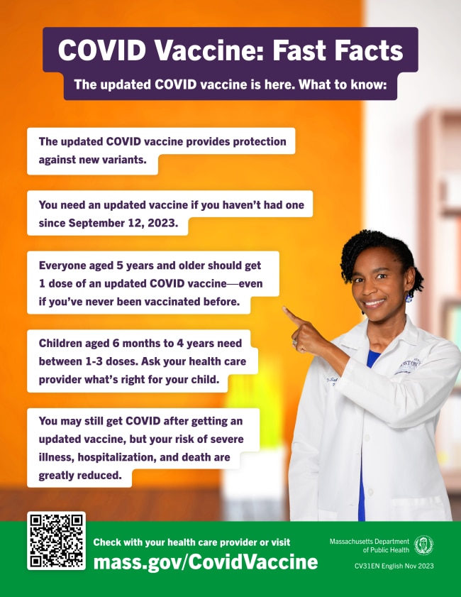 Image of COVID vaccine fast facts flyer that features a doctor pointing at facts about the COVID vaccine