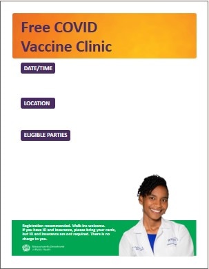 Image of a template to be used for vaccine clinic promotion including several blank fields for clinic information and an image of a doctor