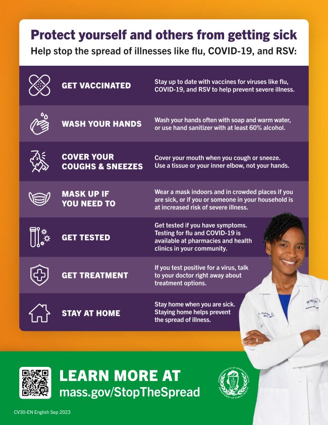 Image of a flyer featuring 7 tips for keeping yourself and others from getting sick during respiratory illness season also features an image of a smiling female doctor