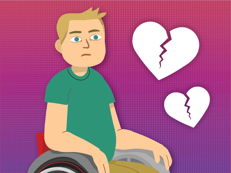 An illustration of a young person sitting in a wheelchair surrounded by broken hearts.