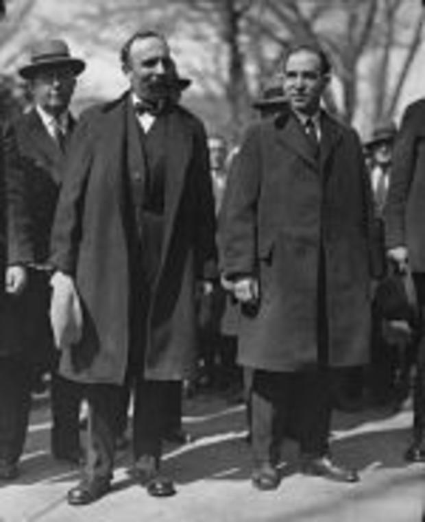 Sacco and Vanzetti outside the courthouse on April 9, 1927
