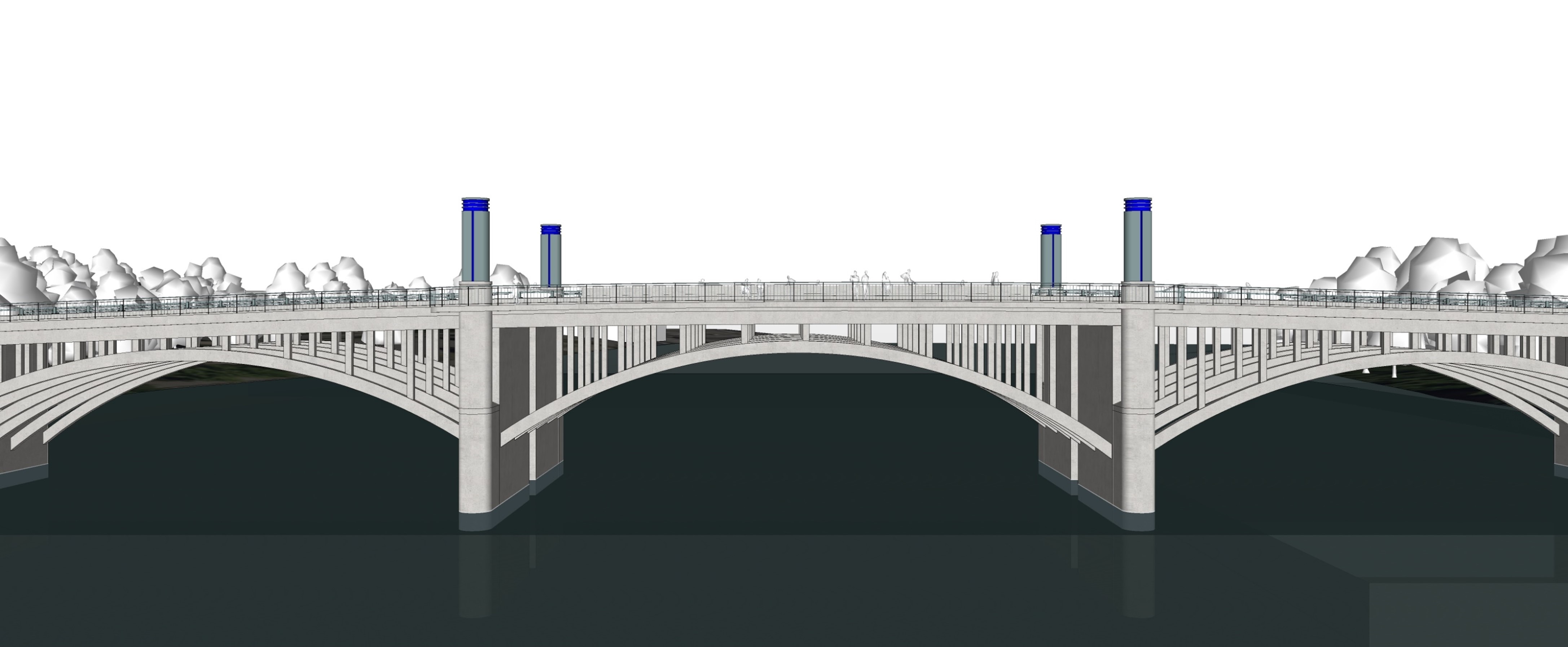 The preferred concept for the new bridge as shown by MassDOT at the public information meeting on November 15, 2023.  The new bridge includes an arched appearance to refer back to the existing structure and beacons above the roadway deck to provide architectural character.