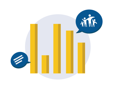 Icon featuring a bar chart with family group in a speech bubble.