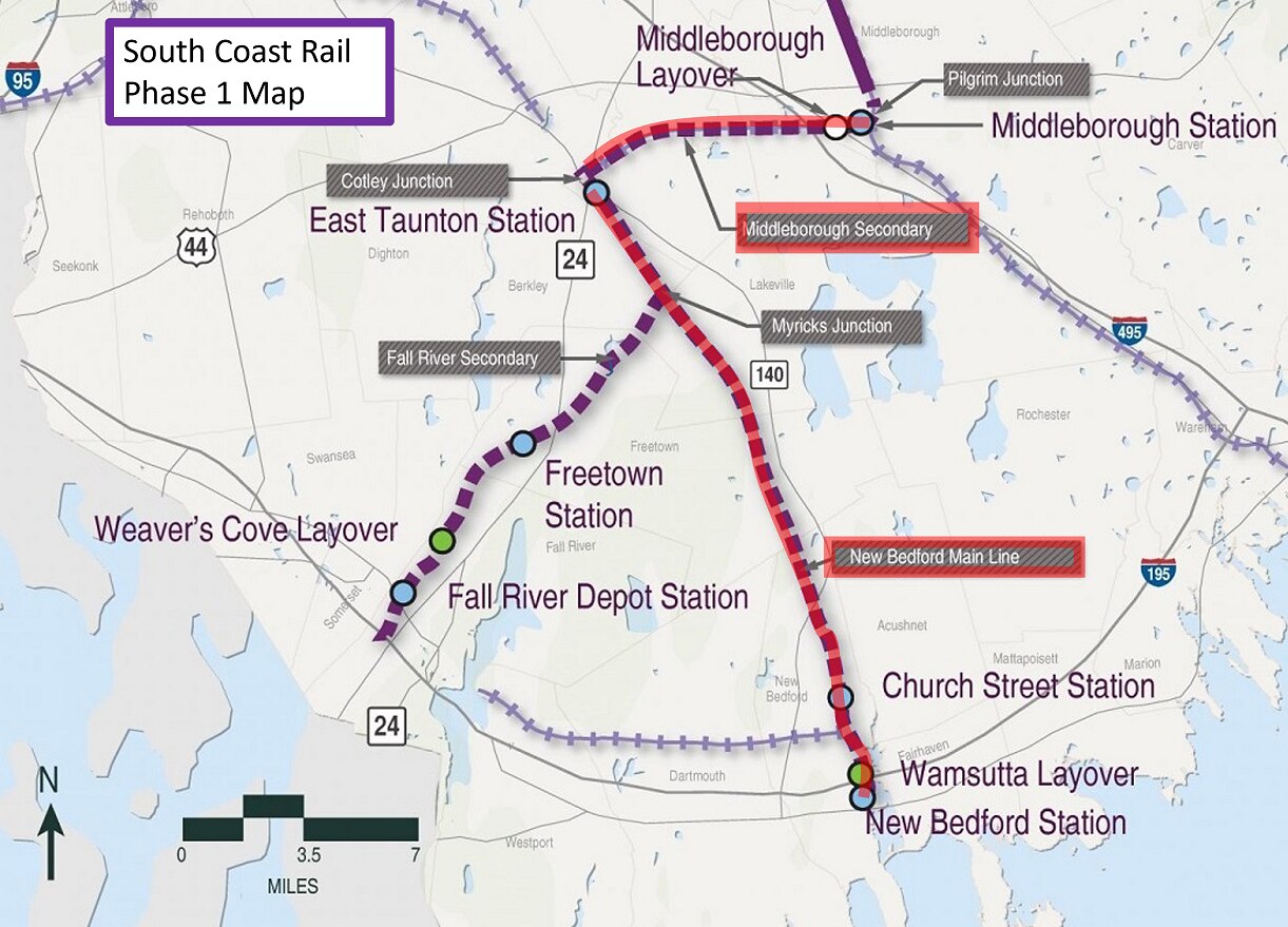 Map highlighting the location of the work. The MBTA’s contractor is installing fences along the Middleborough Secondary Line and the New Bedford Main Line railroad right of way.