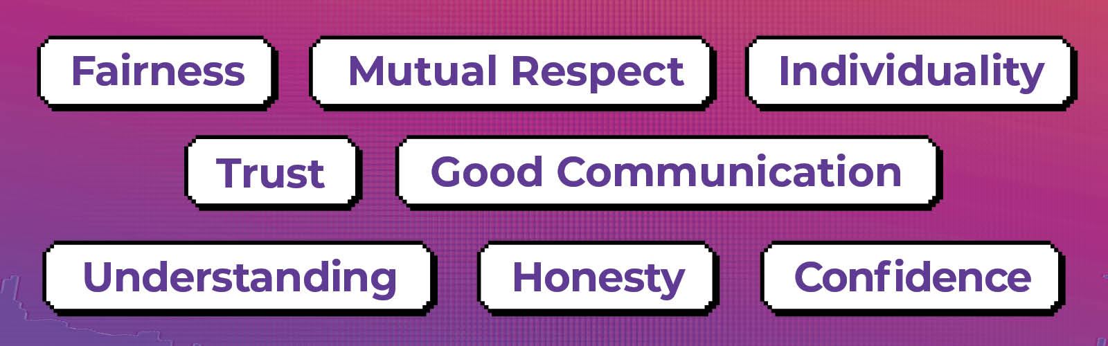 Fairness, mutual respect, individuality, trust, good communication, understanding, honesty, confidence