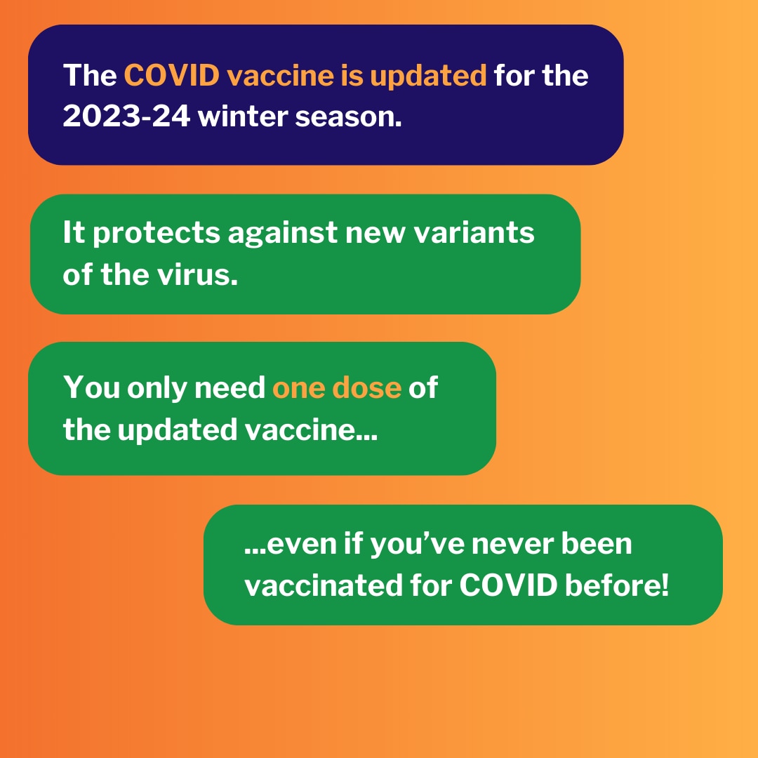 Social media graphic showing several text bubbles with facts about the updated COVID vaccine