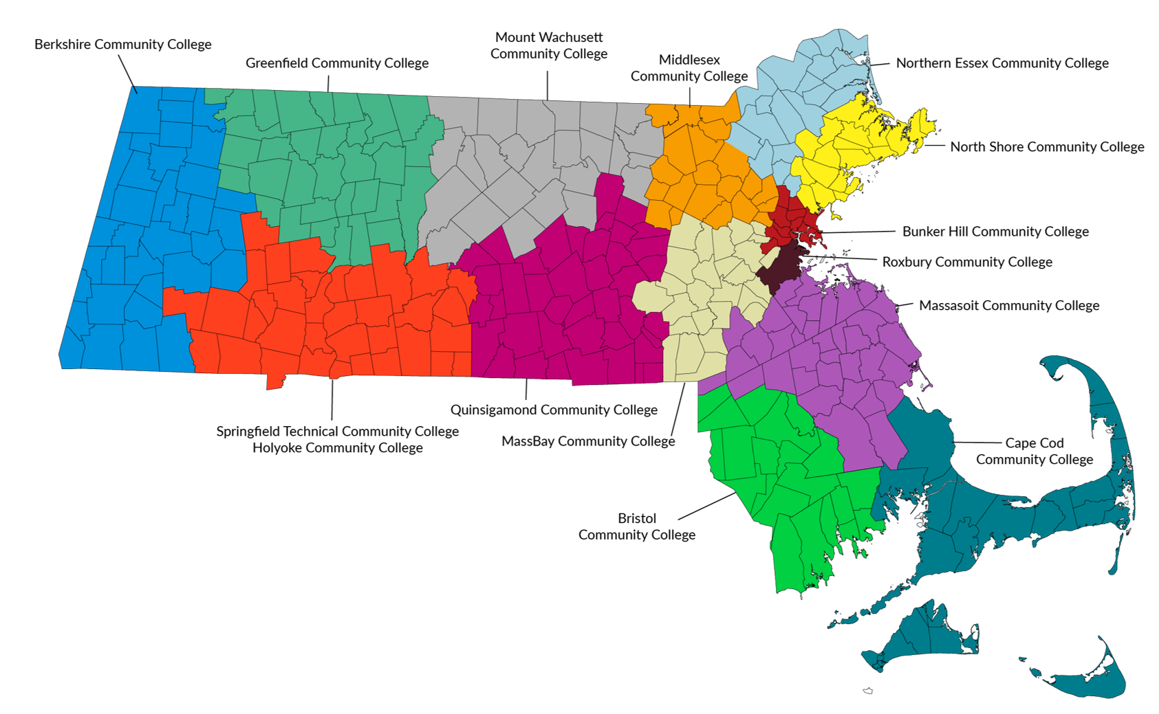 Map of Massachusetts with all of the Community College locations